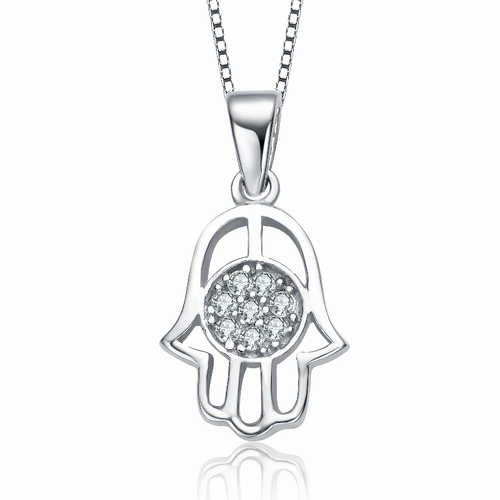 Collette Z Sterling Silver with Rhodium Plated Clear Round Cubic Zirconia Cluster Hamsa Pendant Necklace