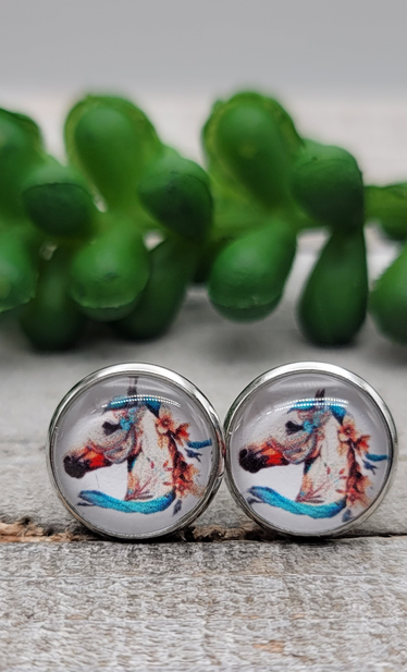 White Floral Horse || 12mm Glass Stud Earrings