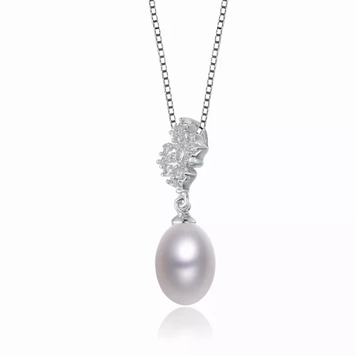 Collette Z Sterling Silver Cubic Zirconia Flower Drop Pearl Necklace