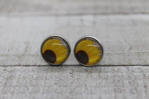 Sunflower on Barnwood  Glass Stud Earrings