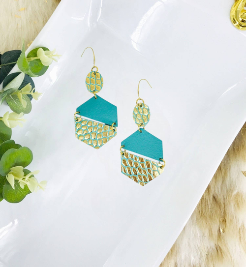 Aqua and Gold on Teal Genuine Leather Dangle Earrings