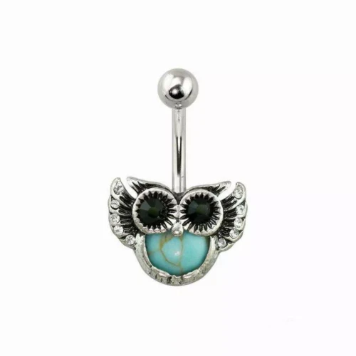 Antique Silver Turquoise Gem Owl 316L Surgical Steel Navel Ring