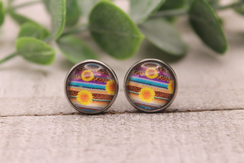 Sunflowers on Serape Glass Stud Earrings