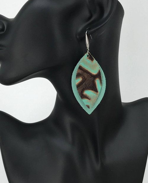 Mint and Teal Genuine Leather Earrings 
