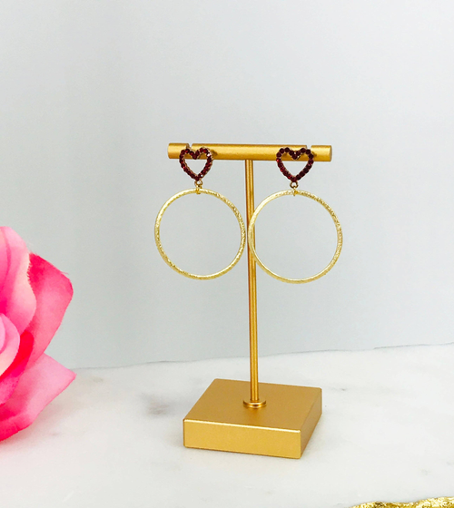 Rhinestone Heart & Brushed Gold Hoop Stud Earrings 