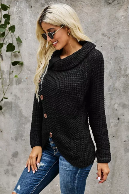 Buttoned Wrap Turtleneck Sweater