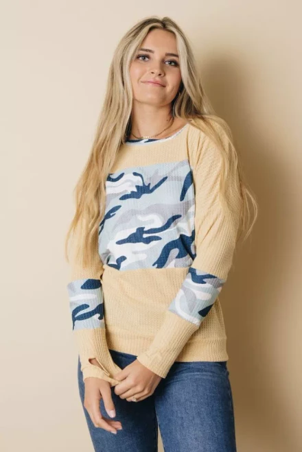 Splicing Waffle Knit Long Sleeve Top Thumb Hole