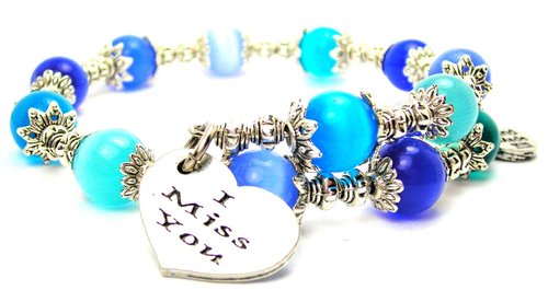 I Miss You Heart Cat's Eye Beaded Wrap Bracelet