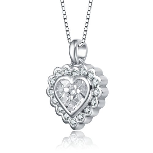 Collette Z Sterling Silver with Rhodium Plated Clear Princess with Round Cubic Zirconia Heart with Lace Halo Drop Necklace