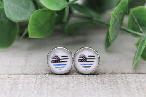 Blue Line Flag Heart || Glass Stud Earrings || Hypoallergenic