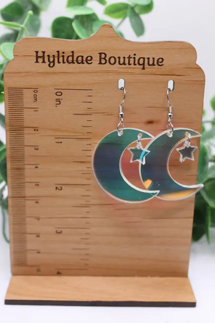 Iridescent Moon & Stars || Acrylic Dangle Earrings || Hypoallergenic