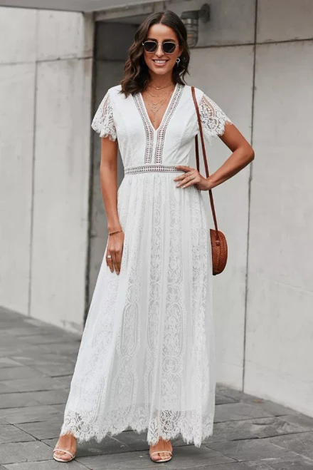 Soft Deep V Neck Short Sleeve Lace Dress