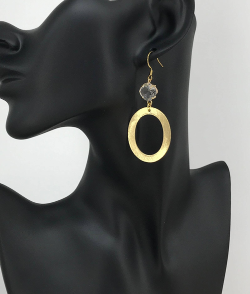 Rhinestone & Oval Gold Pendant Earrings 