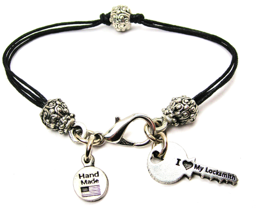 I Love My Locksmith Pewter Beaded Black Cord Bracelet