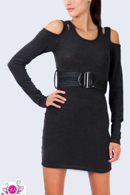 Open sleeve dress with braided leather waist belt