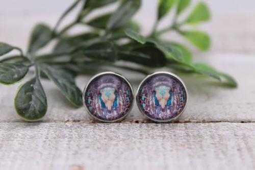 Feathered Steer Skull || 12mm Glass Stud Earrings 
