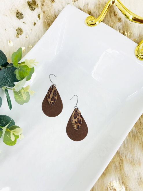 Suede and Cheetah Cork Leather Earrings 