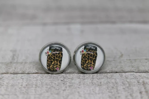 Mason Jar, Leopard  Glass Stud Earrings