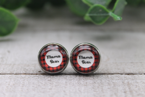 Mama Bear Plaid Circle  Glass Stud Earrings