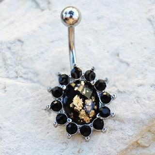 316L Stainless Steel Golden Flake Black Flower Navel Ring