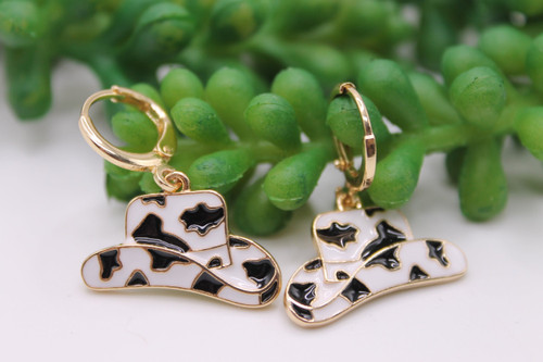 Cow Print Western Hats || Metal French Lever Dangle Earrings || Hypoallergenic