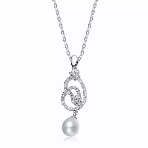 Collette Z Sterling Silver Cubic Zirconia Flower Twist Pearl Drop Necklace