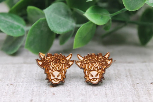 Highland Cow with Floral Crown || Wood Stud Earrings