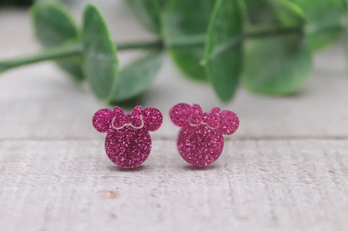 Pink Glitter Mouse with Bow || Stud Earrings || Hypoallergenic