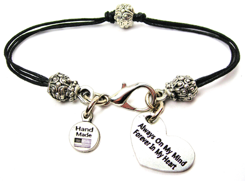 Always On My Mind Forever In My Heart Pewter Beaded Black Cord Bracelet