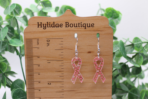 Pink Heart Ribbons Breast Cancer Awareness || Acrylic Dangle Earrings