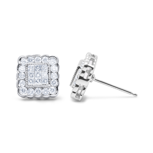 14 Karat White Gold 1ct. Total Diamond Weight Round-cut and Princess-cut Diamond Stud Earring 
