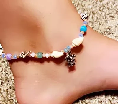 Multi Sea Glass and Shell Mix Anklet Ankle Bracelet - Turtle