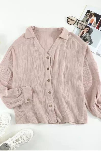Turn Collar V Neck Crinkled Cuffed Shirt
