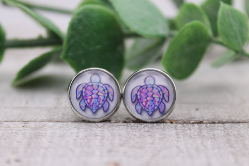 Colorful Sea Turtle || Glass Stud Earrings || Hypoallergenic