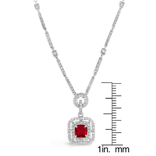 Collette Z Sterling Silver Red and White Cubic Zirconia Square Drop Necklace