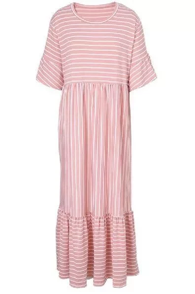 Pink Striped Crewneck Ruffle Short Sleeve Plus Size Maxi Dress