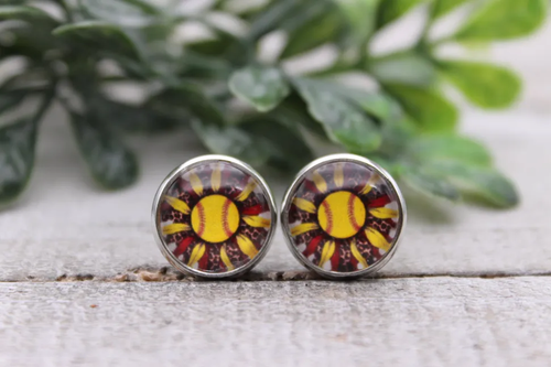 Softball Sunflower Stud Earrings