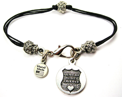 I Love My State Trooper Pewter Beaded Black Cord Bracelet