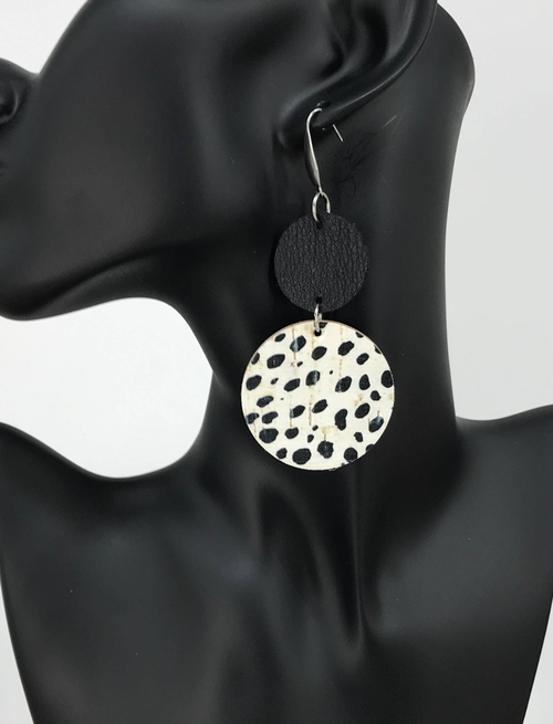 Leather and Mini Black Cheetah Cork Leather Earrings 