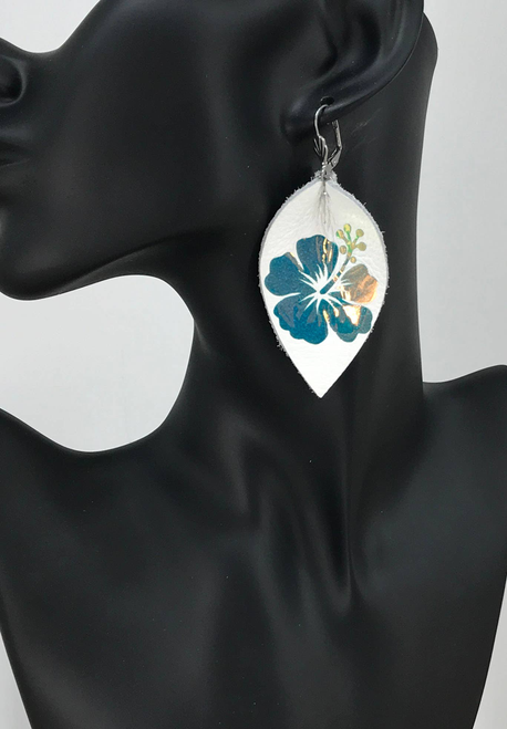 Genuine Leather and Hibiscus Flower Earrings 