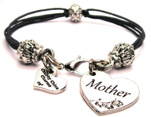 Mother Heart Pewter Beaded Black Cord Bracelet