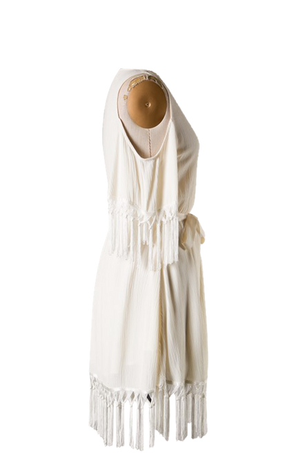 Open Shoulder Sleeves Faux Wrap Fringe Bottom Dress