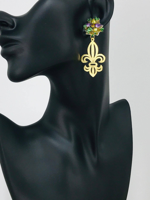 Rhinestone Stud & Fleur De Lis Pendant Earrings 