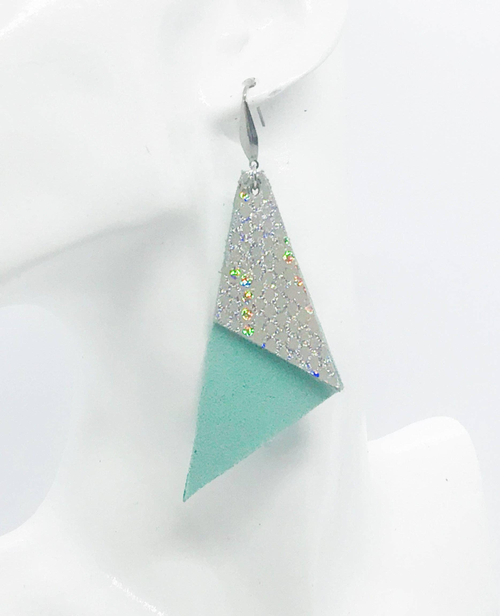 Mint and Metallic Silver Genuine Leather Earrings 