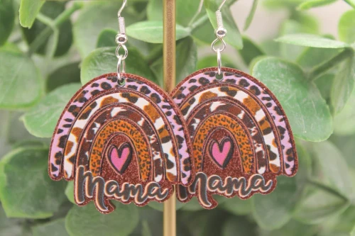 Bronze MAMA Leopard & Cow Rainbow Resin Dangle Earrings