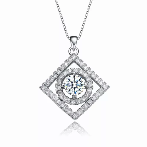 Collette Z Rhodium Plated Round Cubic Zirconia Square Pendant Necklace