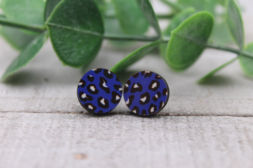 Blue Leopard Circles Wood Stud Earrings