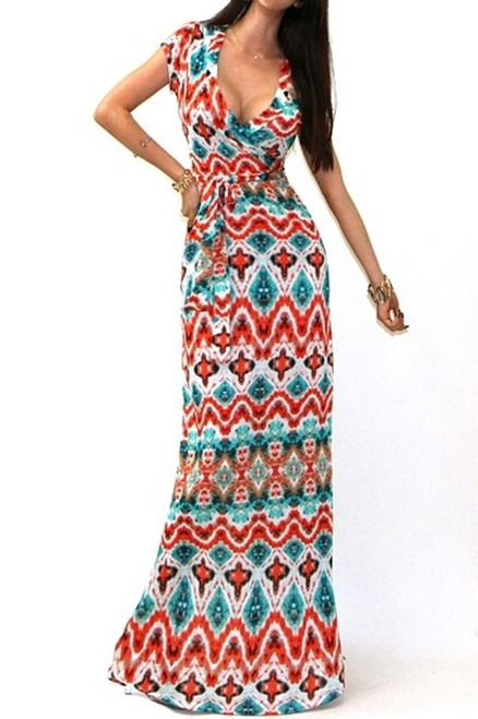 Short Sleeves Faux Wrap Maxi Dress Multi