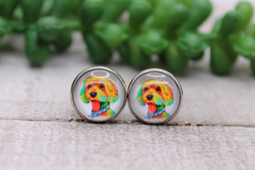 Watercolor Cockapoo Dog Breed || Glass Stud Earrings || Hypoallergenic
