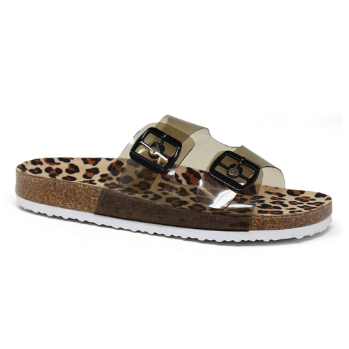 GIAN-121 Women's Cork Flat Sandal With Clear Upper Strap